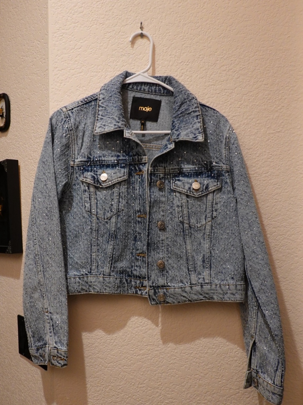 Maje Rhinestone Embellished Denim Jacket (NWOT, Size 36 / Fits US S)